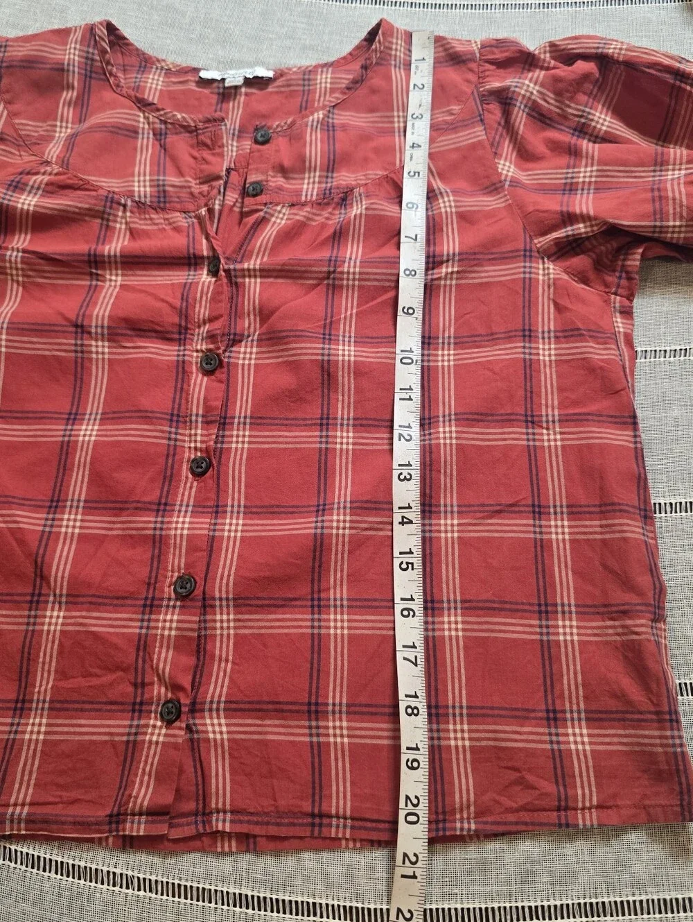 Madewell Red Plaid Short Sleeve Round Neck Lightweight Cotton Prose Shirt S